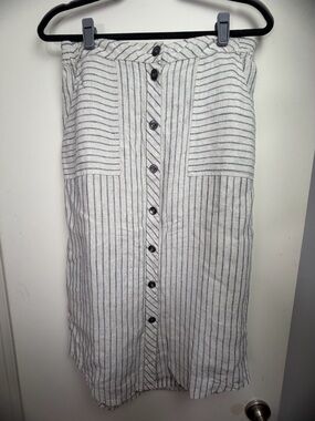 Orvis Cream Striped Blue/Black? 100% Linen Button Down Women’s Midi Skirt NWOT S